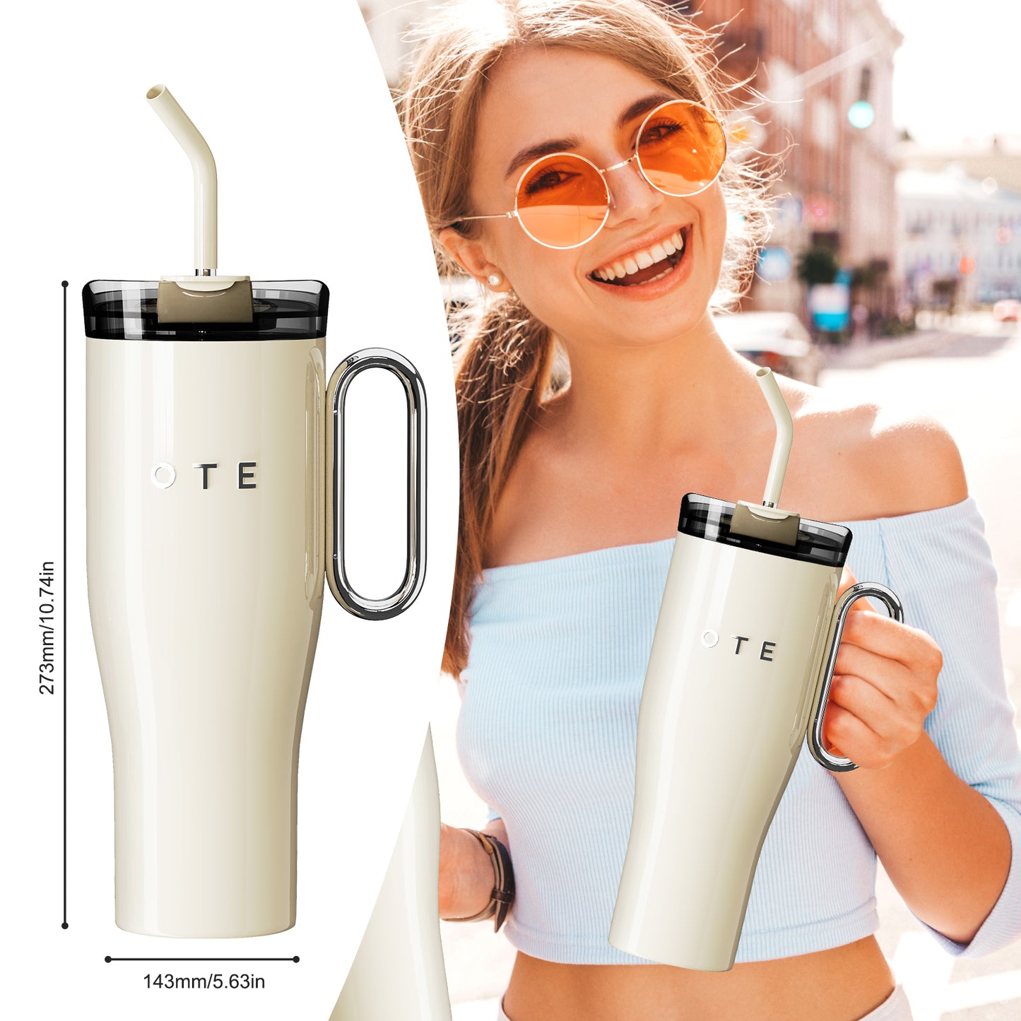 OTE1.2 L (42 oz) Kahvimuki to Go, kaksivaiheinen teräs tyhjiö eristetty muki, varsin ja olki, BPA ilmainen, Portable auto Mug Tumbler, Thermal Mug, Kahvin kupin kuuma ja kylmä juomat